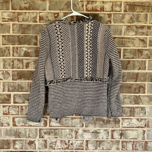 Chico's Lucy Navy and Cream Patterned Fringe Open Cardigan - Picture 9 of 11